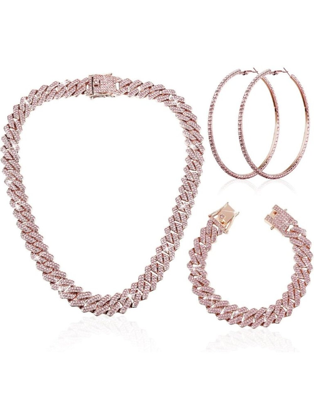 3 Pcs Cuban Link Jewelry Set: Rhinestone Necklace, Bracelet & Hoop Earrings
